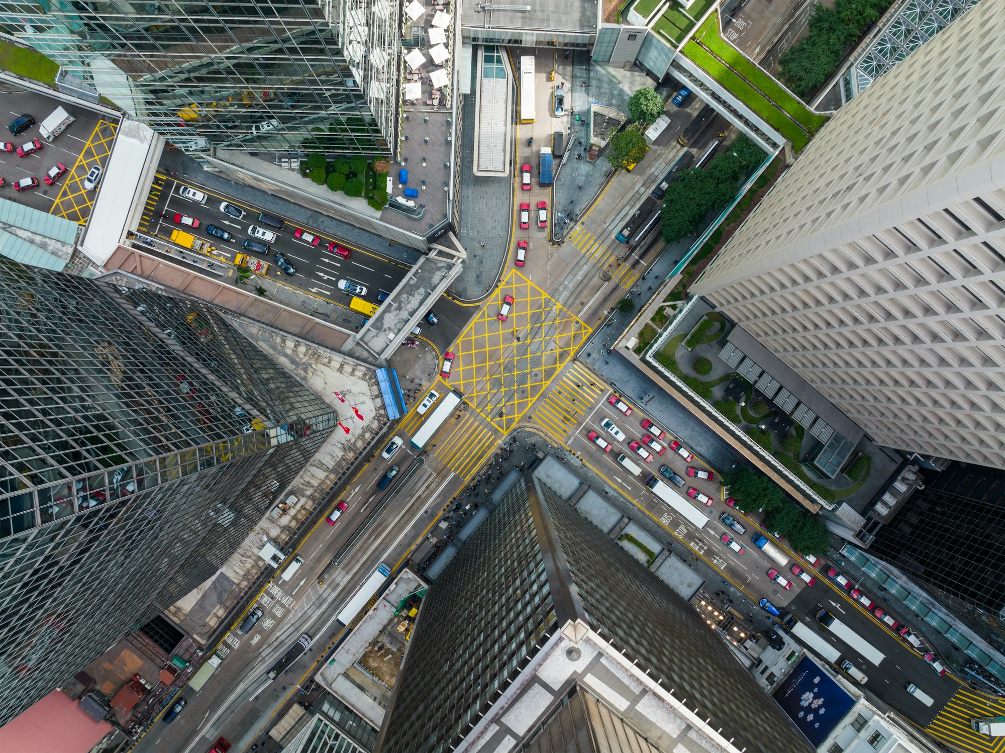 Central, Hong Kong 16 December 2021: Top down view of city traffic