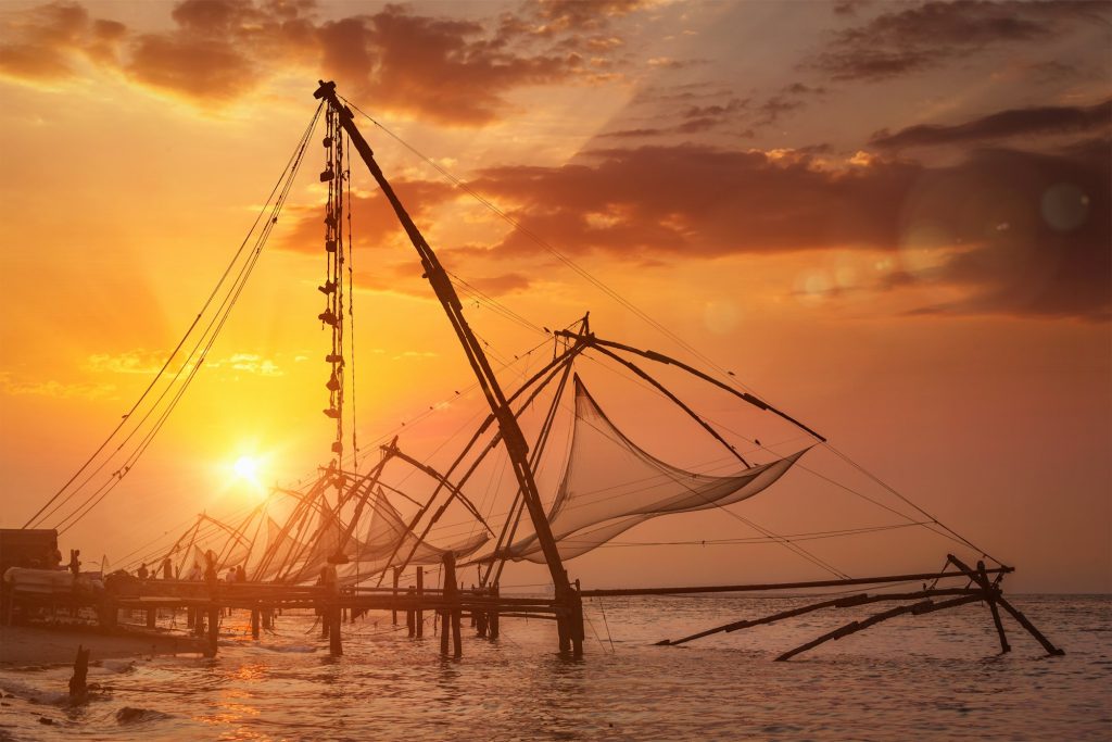 Chinese fishnets on sunset. Kochi, Kerala, India