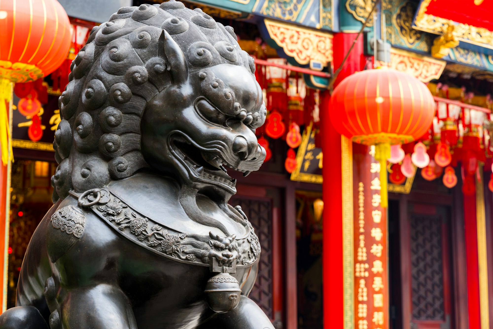 Lion statue in Wong Tai Sin temple at Hong Kong city