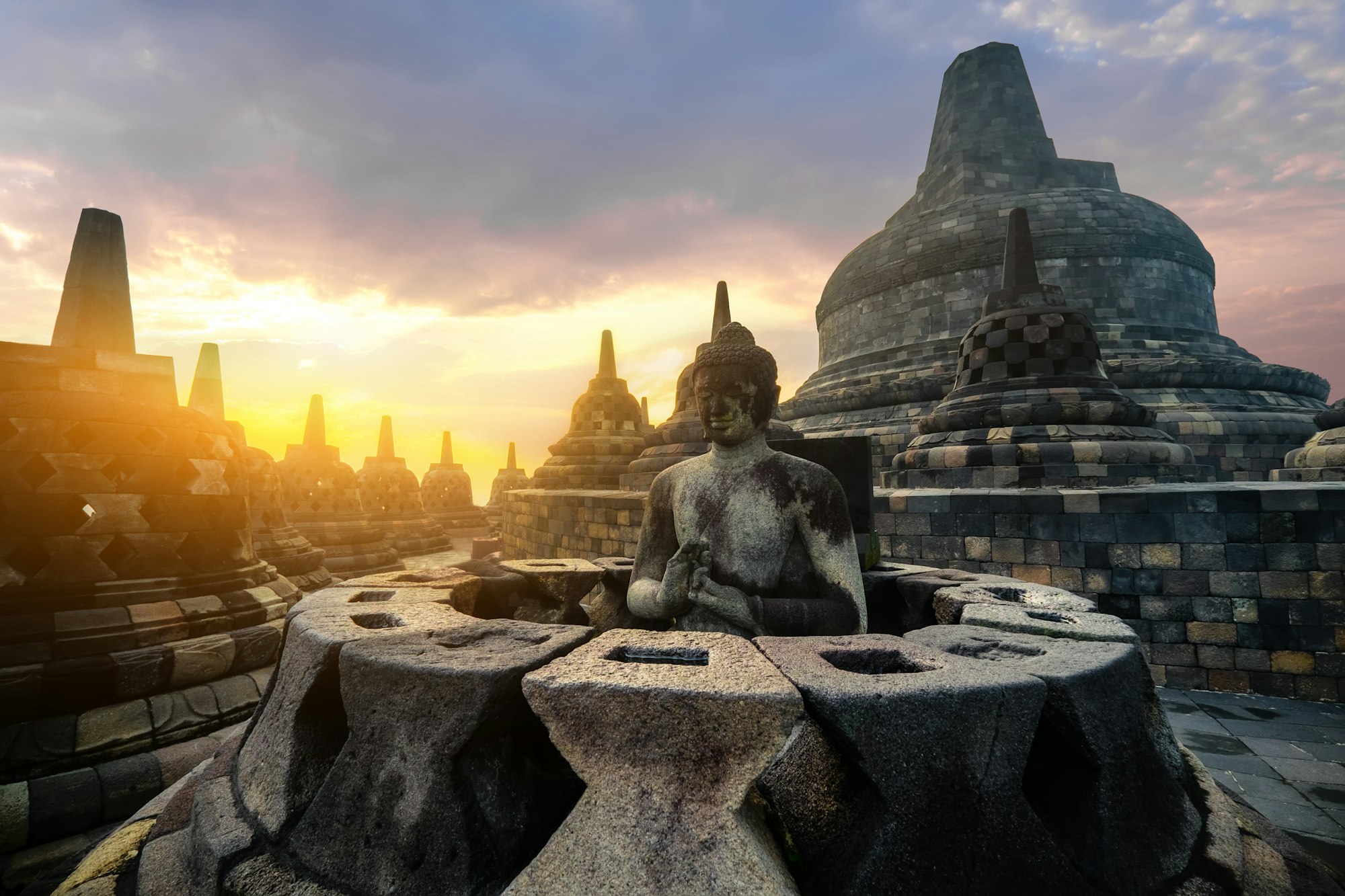 Meditating Buddha statue. Borobudur temple. Java, Indonesia