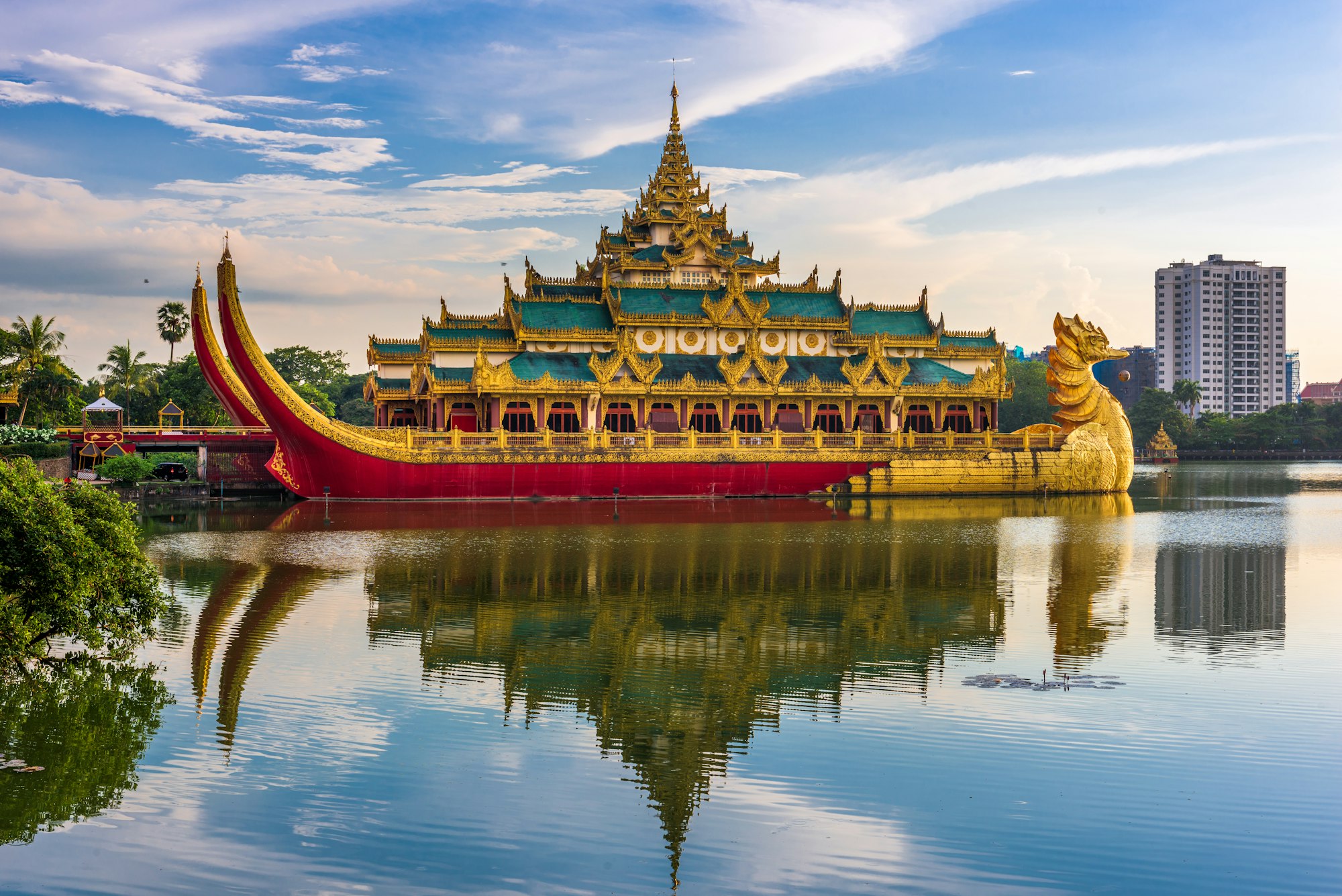 Yangon, Myanmar at Karaweik Palace in Kandawgyi Royal Lake