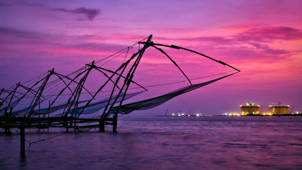 Chinese fishnets on sunset. Kochi, Kerala, India