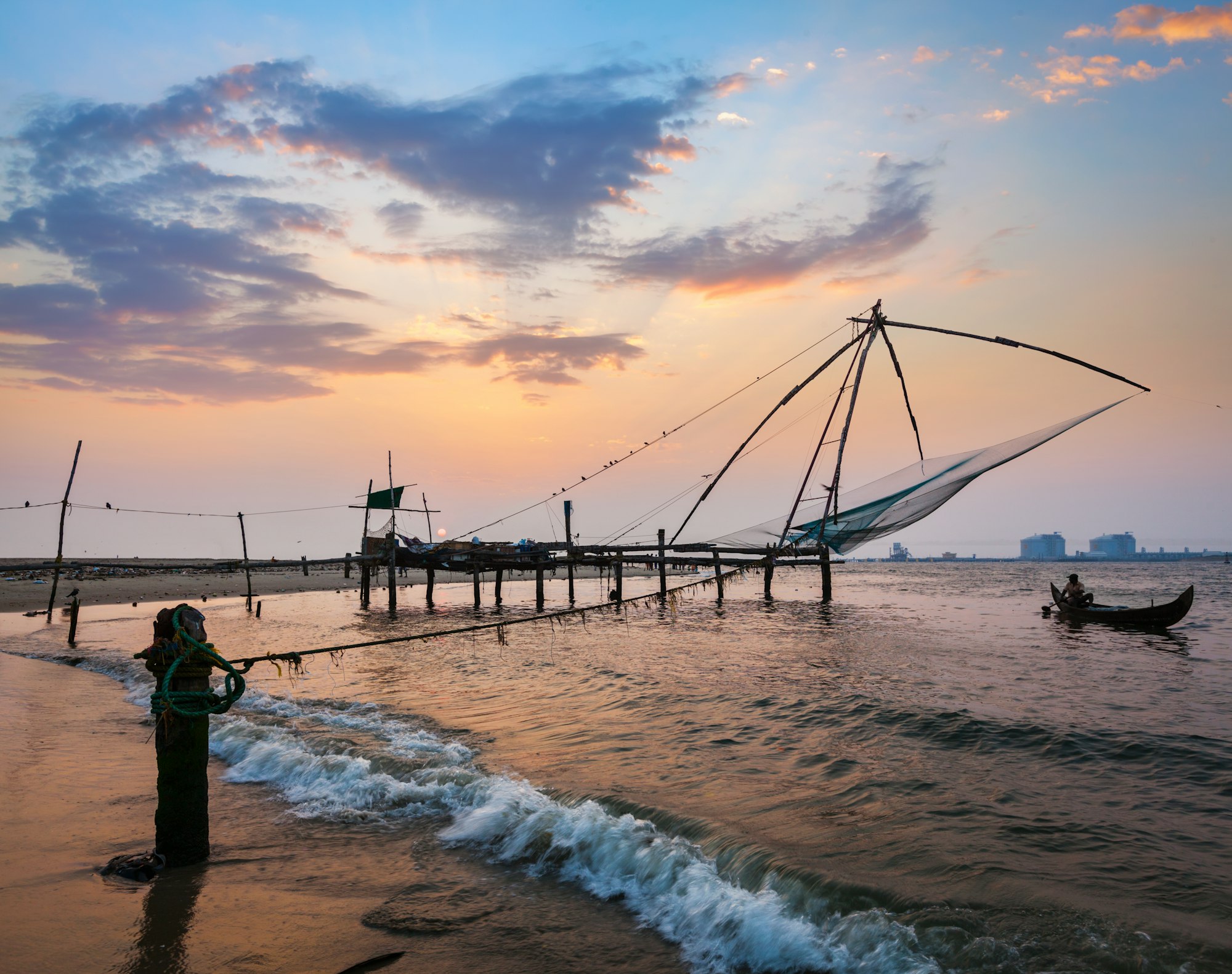Chinese fishnets on sunset. Kochi, Kerala, India
