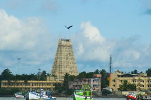 Ramanathaswamy temple and Rameswaram Beach view from Arabian sea, India