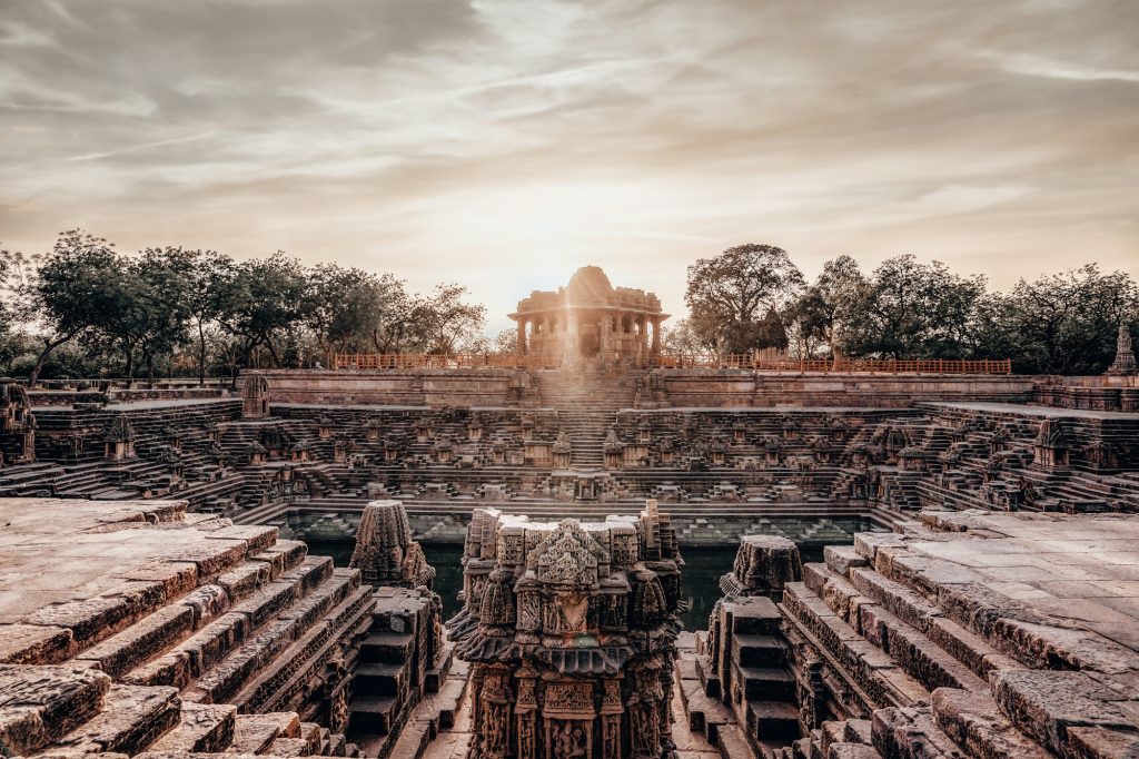 Scenic view of the Sun Temple at the Modhera village at sunset, Gujarat, India
